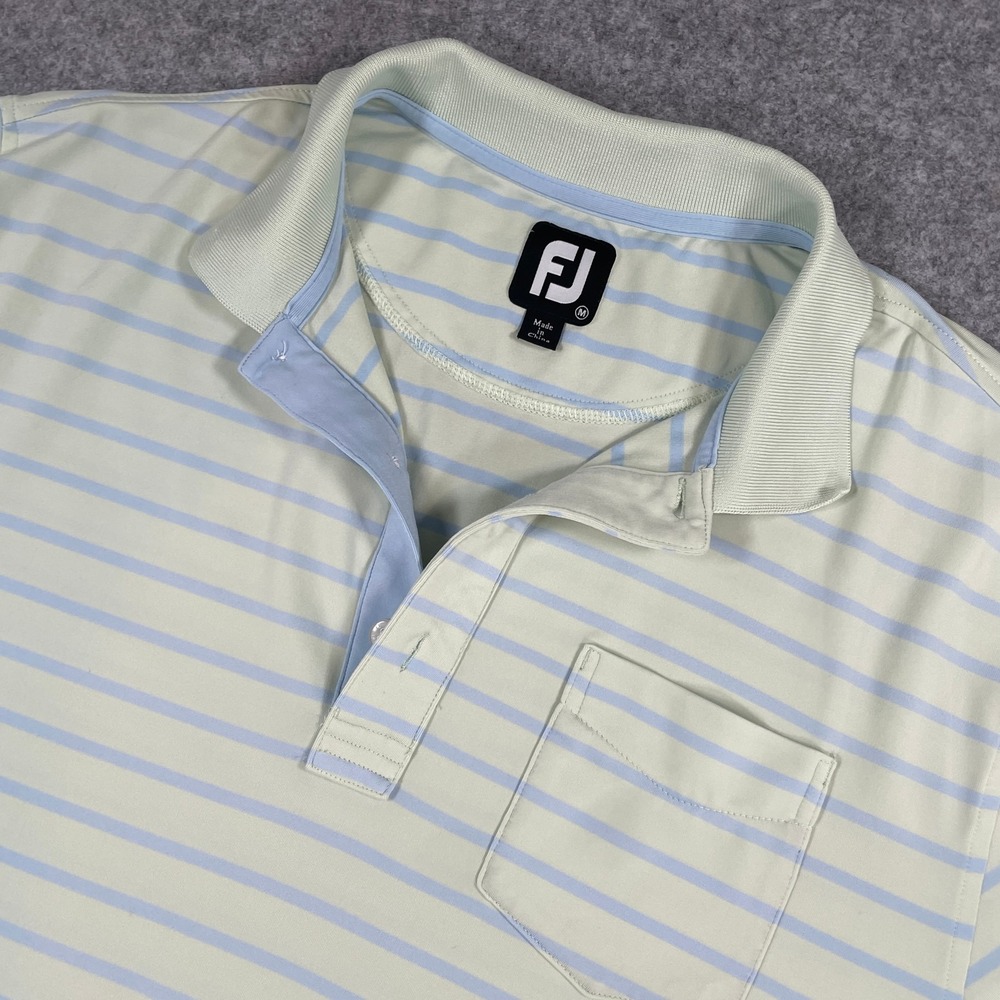 FootJoy Mens Polo Shirt M Green Blue Striped Short Sleeve Pocket Performance